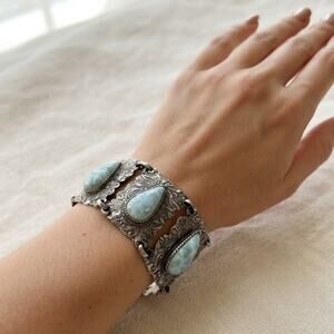 Vintage Faux Turquoise Gold Fleck Engraved Panel Bracelet Western Boho 7in